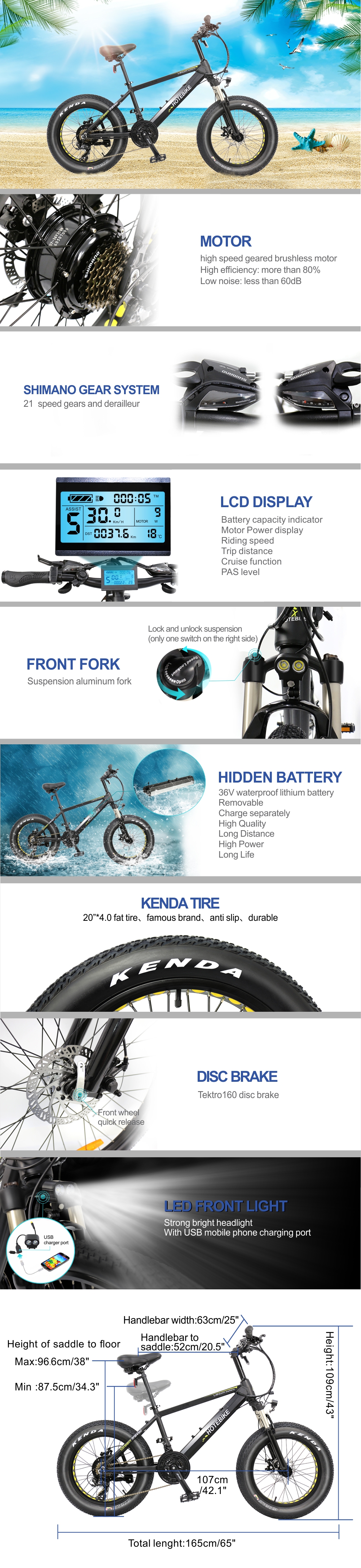 HOTEBIKE Mopeds Mini Fat Tire Electric Bicycle 20″ 36V 350W with 10AH Beach Electric Bike Snow Bike - HOTEBIKE - 1