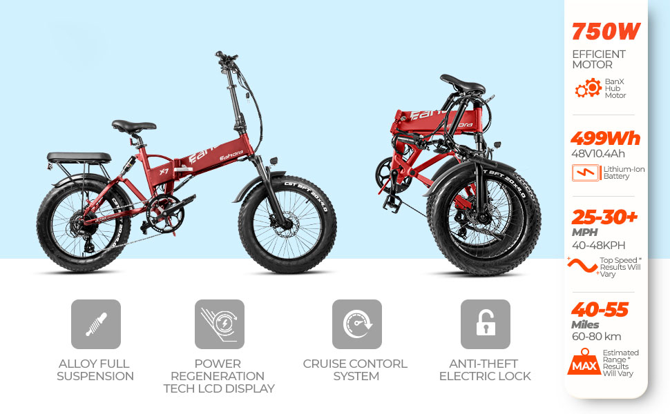 eAhora X7 Plus 750W Fat Tires Folding Electric Bike Full Suspension Hydraulic Brakes 48V Electric Bikes for Adults with Electric Lock, Power Regeneration System 8 Speed Gears, Red - blog - 11