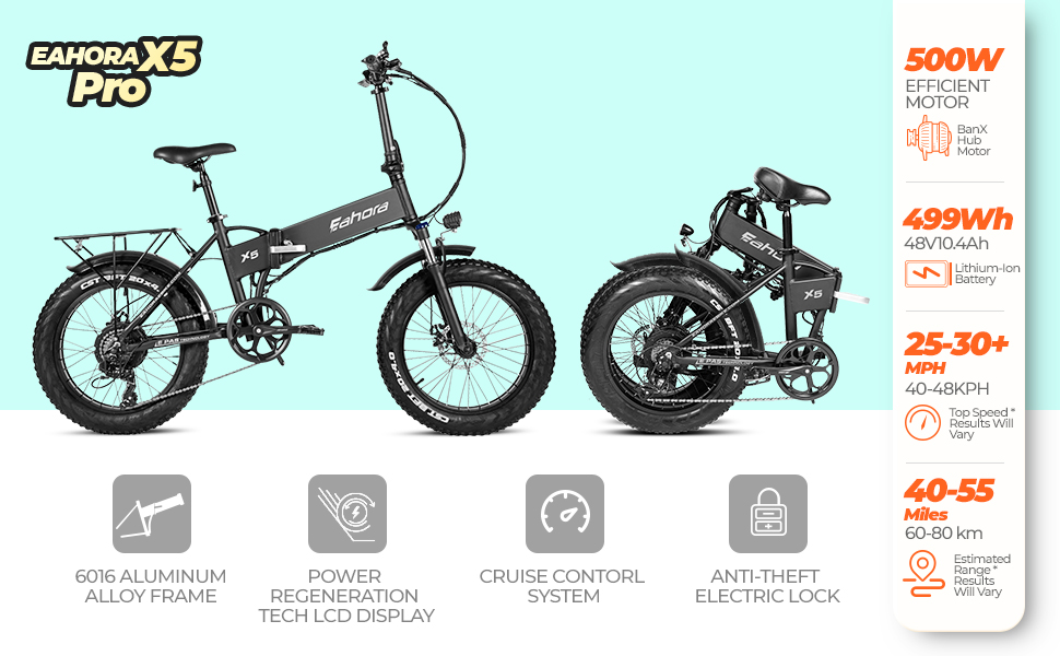 Eahora X5 PRO 20 Inch 4.0 Fat Tire Folding Electric Bike 48V 10.4Ah Snow Beach Electric Bicycle Lithium Battery 500W Front Suspension Ebike for Adults E-PAS Power Recharge System, 7 Speed - blog - 11