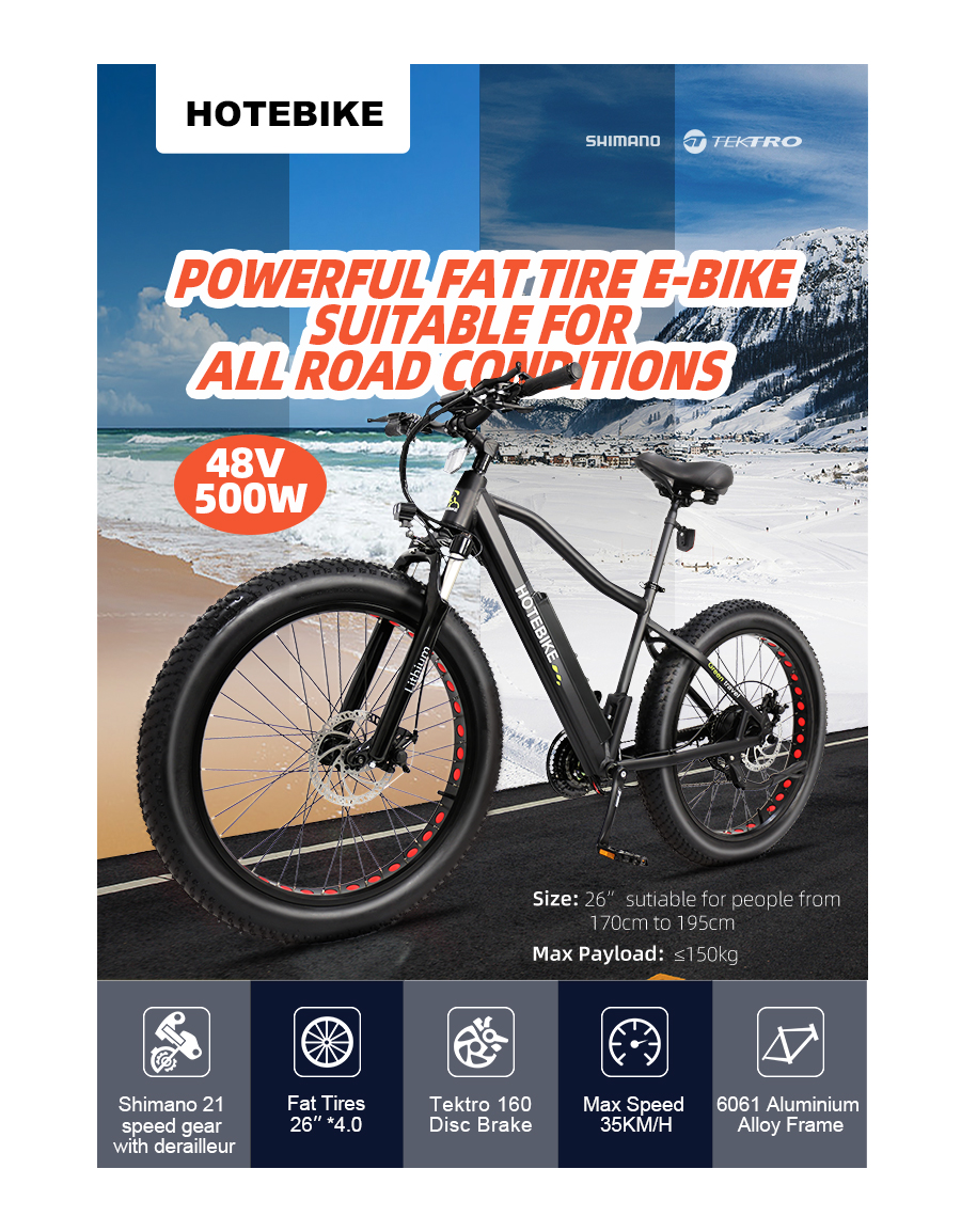 HOTEBIKE Fats Tire Electrical Bike Seashore Snow Bicycle 26″ 4.0 inch Fats Tire Electrical Bicycle 500W48V13A/750W48V13AH Electrical Mountain ebike for Adults with 21 Speeds Lithium Battery,Sensible LCD Show - blog - 1