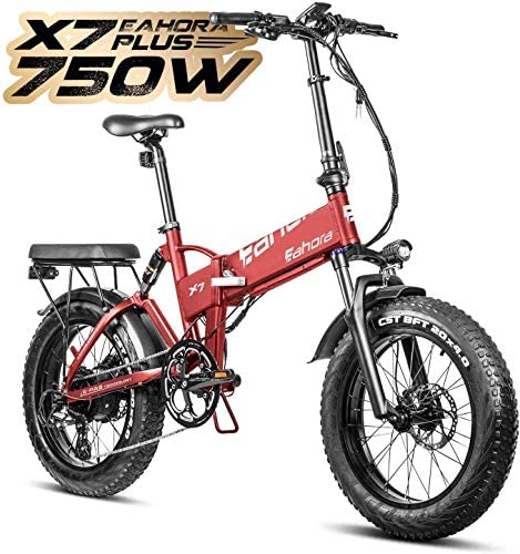 eAhora X7 Plus 750W Fat Tires Folding Electric Bike Full Suspension Hydraulic Brakes 48V Electric Bikes for Adults with Electric Lock, Power Regeneration System 8 Speed Gears, Red