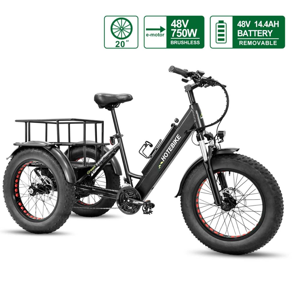 Bicicletă electrică cu 3 roți, anvelopă grasă de 20 inchi Triciclu electric pentru adulți, bicicletă electrică de marfă