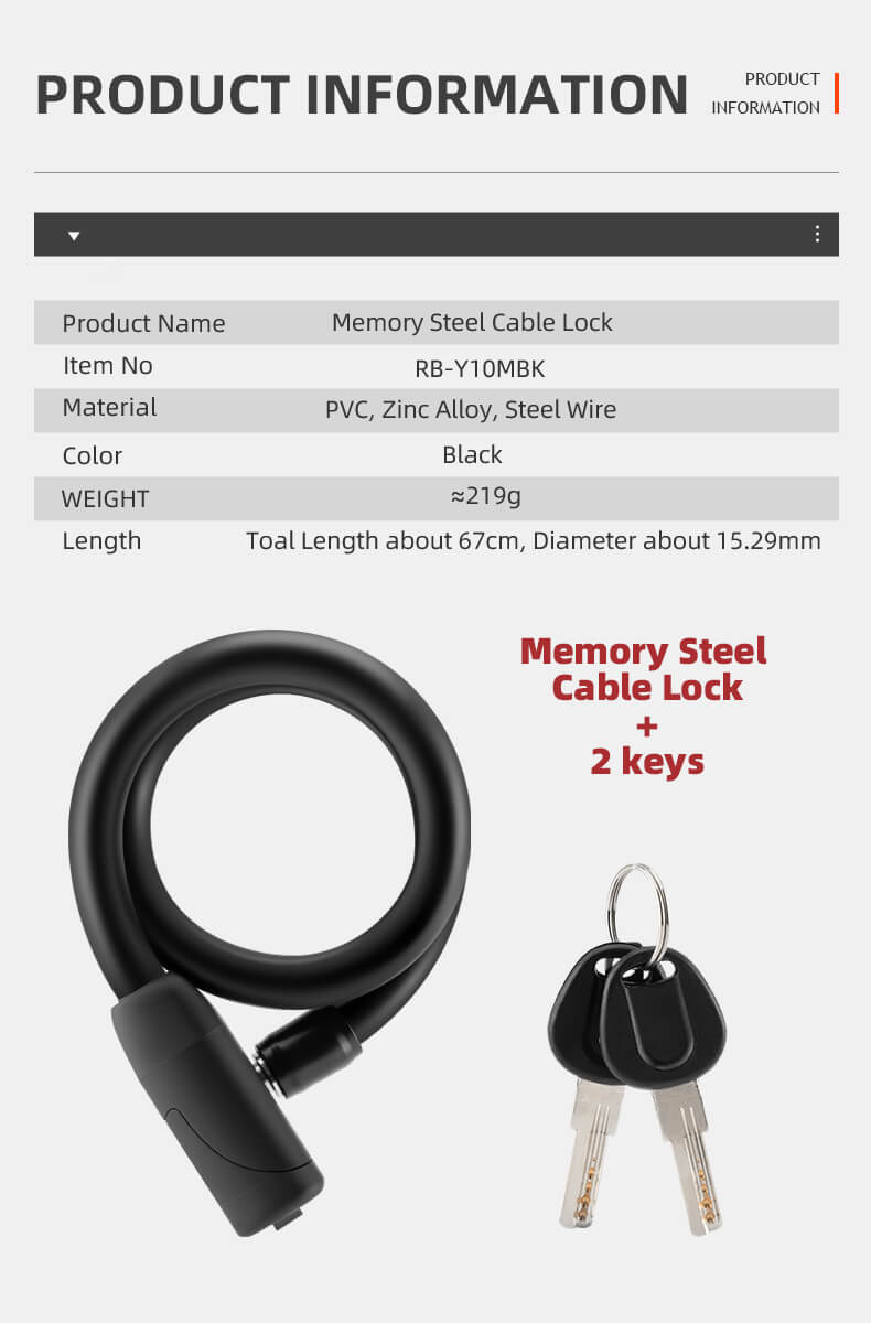 Bike Lock Cable Memory Anti Theft Bicycle Cable Lock Self Coiling Cable Lock with 2 Keys - Bike Lock - 1