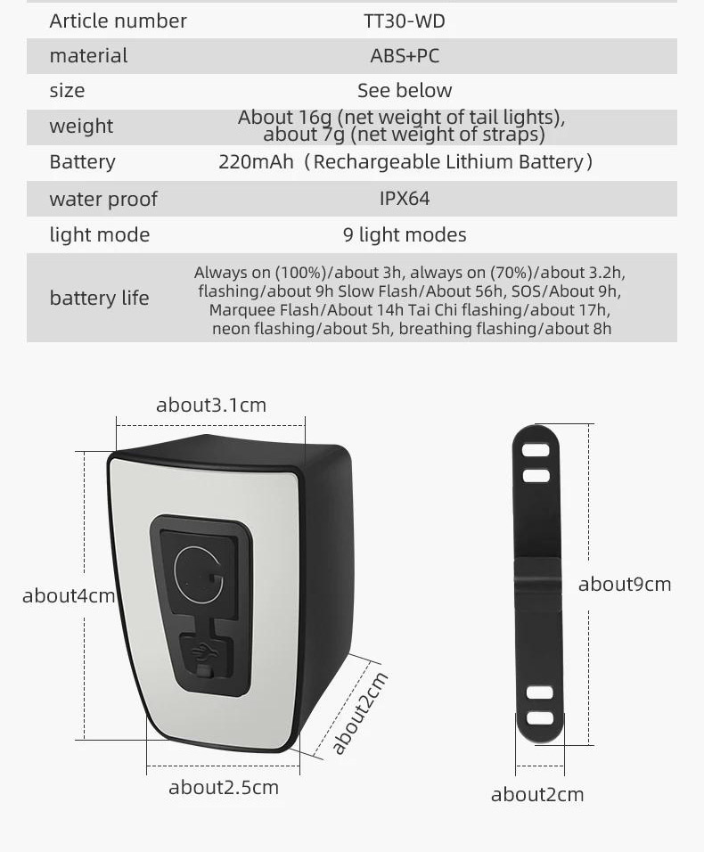 Solas baidhsagal air a stiùireadh le uisge dìon-uisge USB solas marcachd oidhche sàbhailteachd