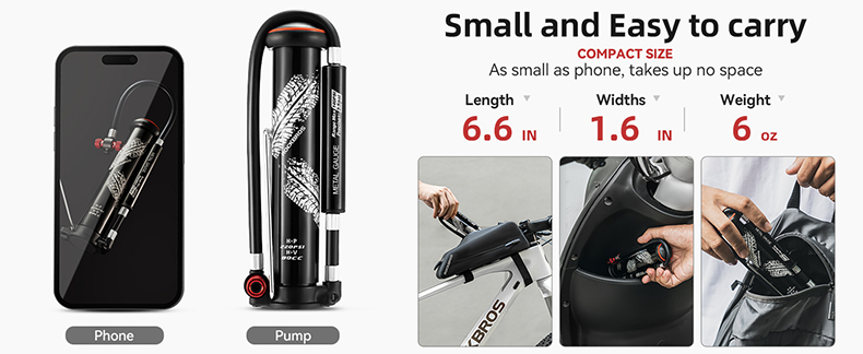 Mini Bike Pump Portable with Hidden Pressure Gauge Fits Presta & Schrader Valves 220PSI Compact - Pump - 2