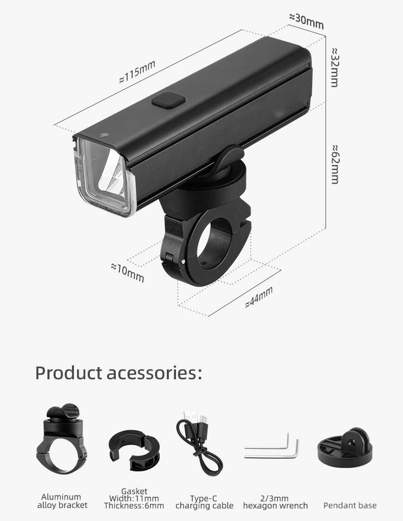 ضوء دراجة LED قابل لإعادة الشحن IPX6 مقاوم للماء للدراجة الأمامية 5 أوضاع من سبائك الألومنيوم