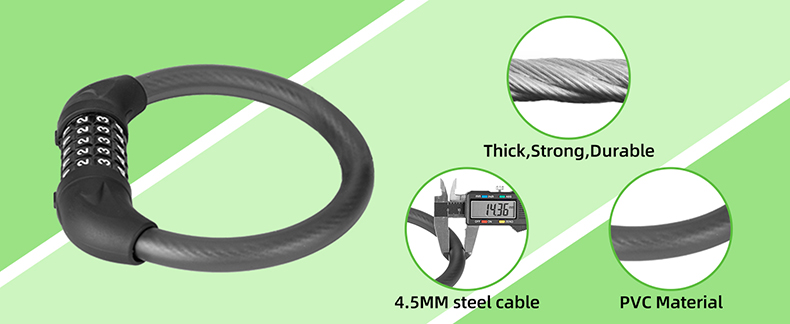 قفل کابل دوچرخه کوچک سیاه 5 رقمی ترکیبی قفل دوچرخه ضد سرقت سبک وزن