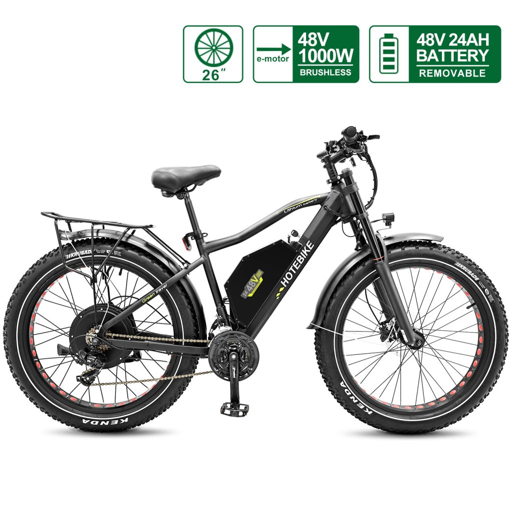 26″ 1000W Fat Tire Ebike for Adults 48V 24Ah Removable Battery
