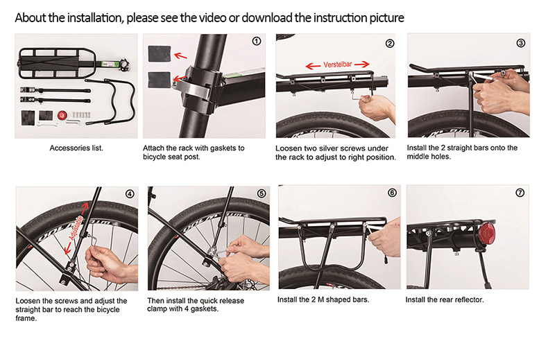 Portaequipajes ajustable para bicicletas, capacidad de 165 libras, portaequipajes de liberación rápida con banda elástica y reflector