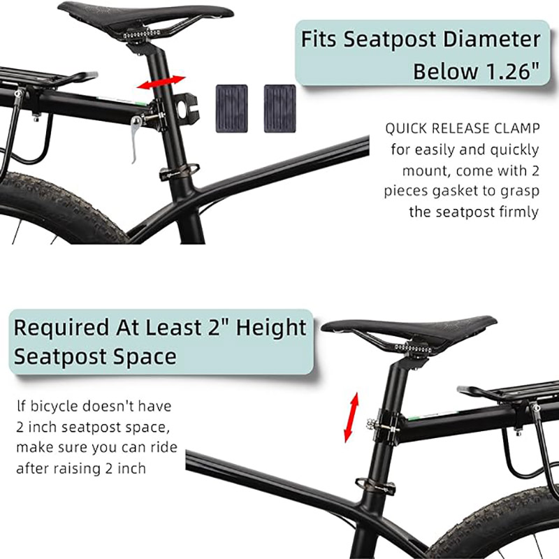 Verstellbarer Fahrrad-Gepäckträger mit einer Kapazität von 165 lbs, Schnellverschluss-Gepäckträger mit Gummiband und Reflektor