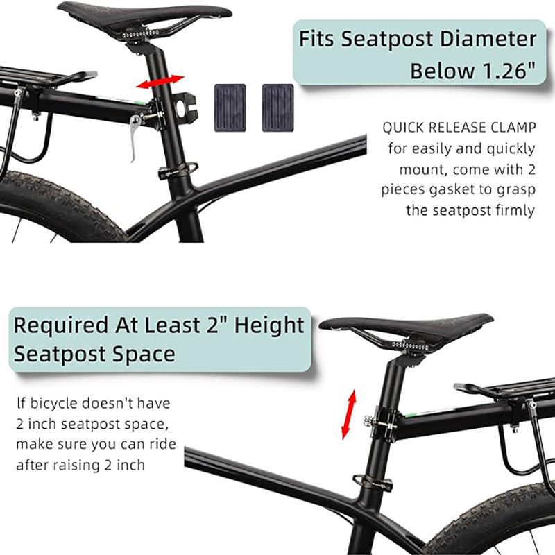 Rack Bike Cargo Adjustable 165 lbs Capacity Release Quick Release Pannier Rack miaraka amin'ny Band elastic sy Reflector