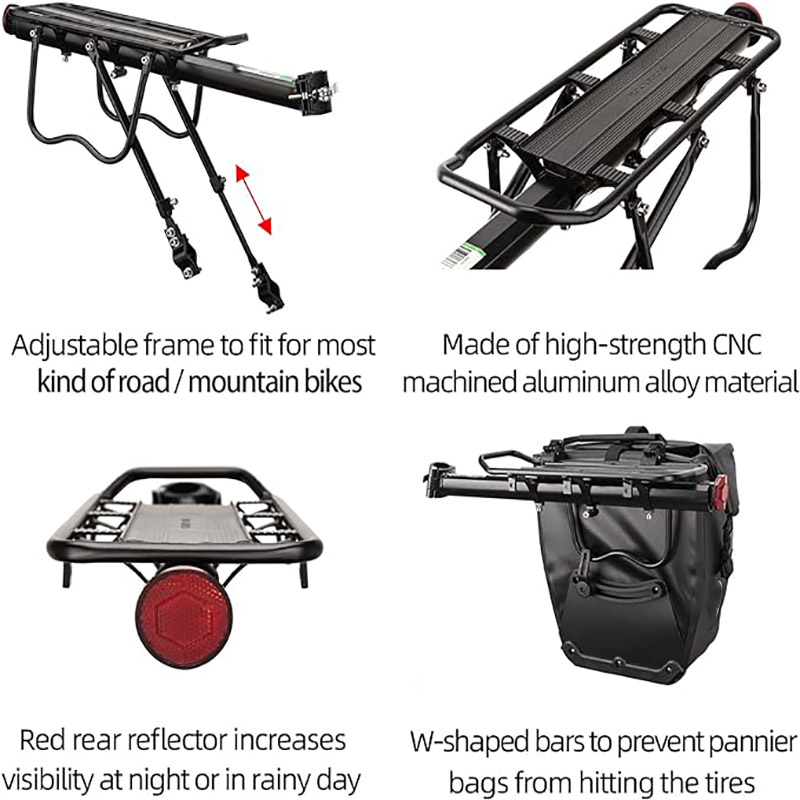 Yosinthika Bike Cargo Rack 165 lbs Kutha Kutulutsa Mwamsanga Pannier Rack yokhala ndi Elastic Band ndi Reflector