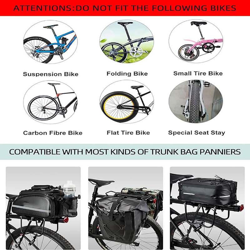 Adjustable Bike Cargo Rack 165 lbs Peev Xwm Ceev Tshaj Tawm Pannier Rack nrog Elastic Band thiab Reflector